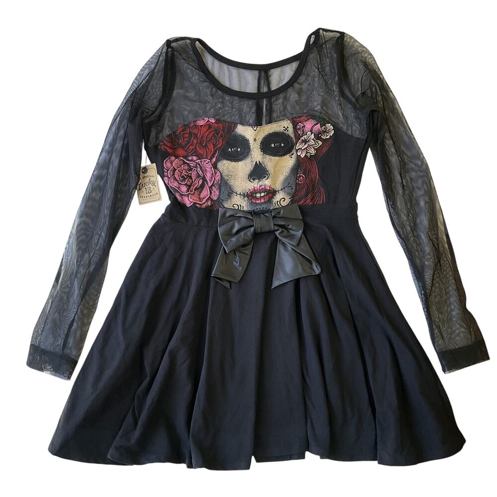 Lucky 13 Women Dress SMALL Black Graphic Print Fit &Flare Sugar Skull Gothic NWT